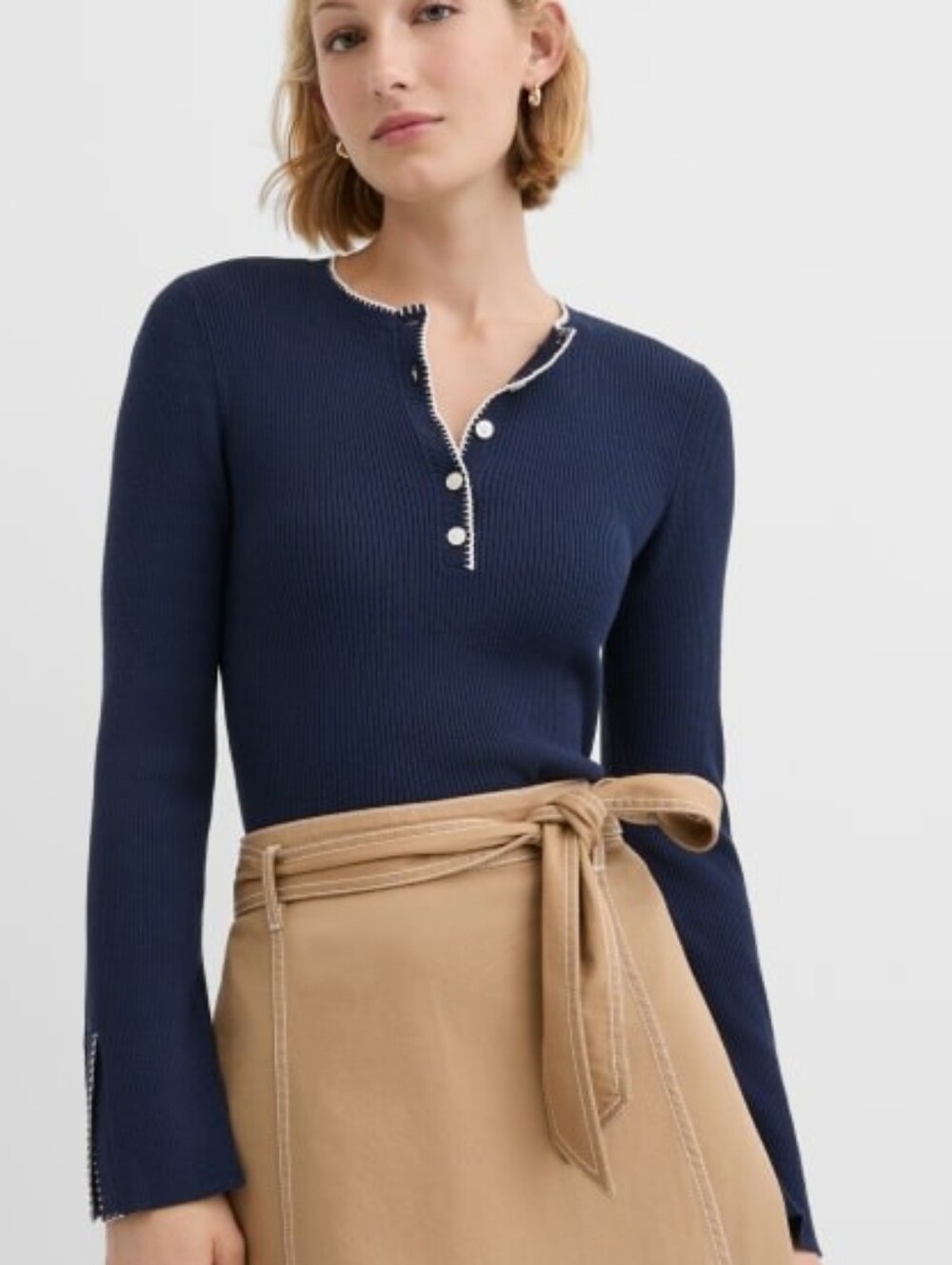 LOFT Navy Contrast Stitch Split Cuff Henley Sweater NWT